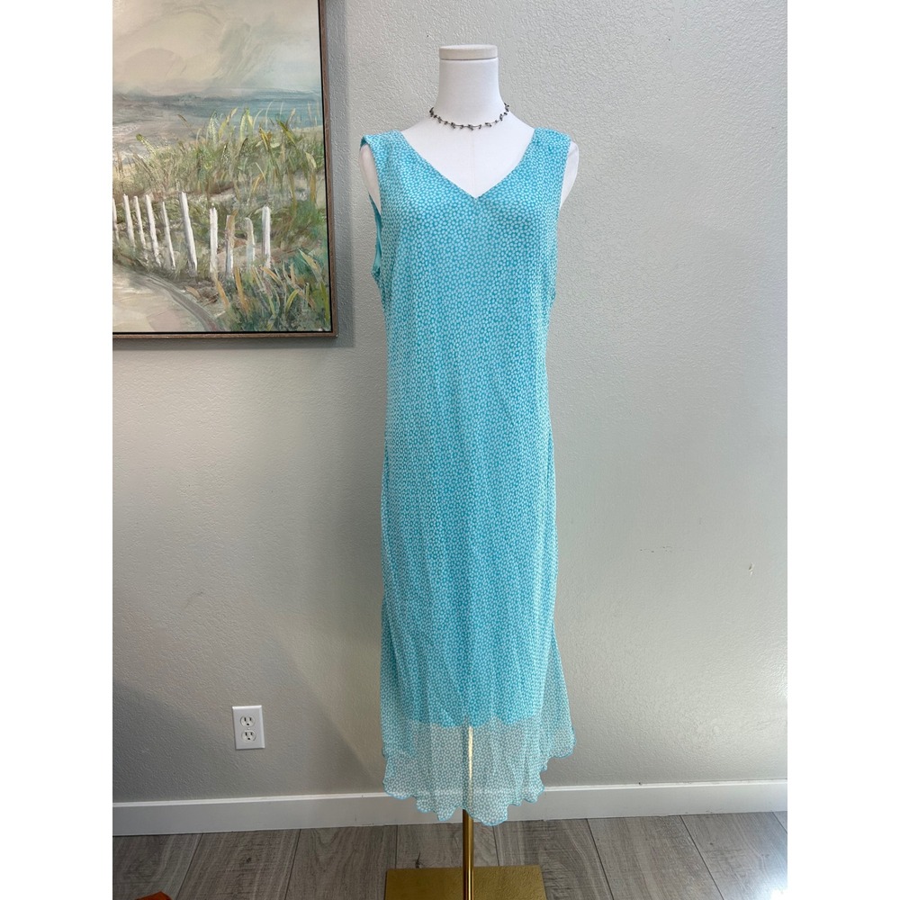 Blue Chiffon Midi Dress Size 14 Sleeveless Lined Polka Dot Overlay